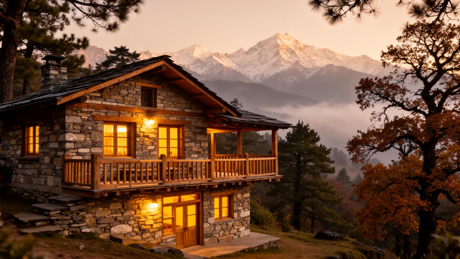 Ditya's House homestay at golden hour with Himalayan peaks in the distance